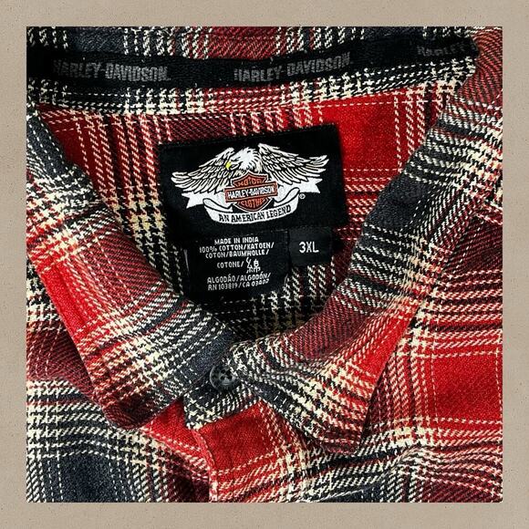 Harley Davidson Men's 3XL Plaid Flannel Button Up Shirt Spell Out Red Gray Black - Picture 5 of 8